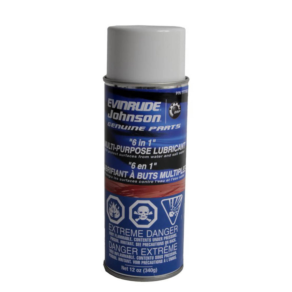 This is a 12 oz. aerosol can of Evinrude/Johnson 6-in-1 Lubricant, part number 0777192.